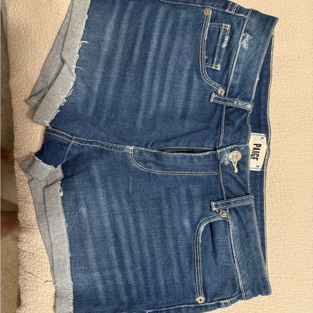 PAIGE Blue Jean Shorts with Distressed Cut-Off Hem
